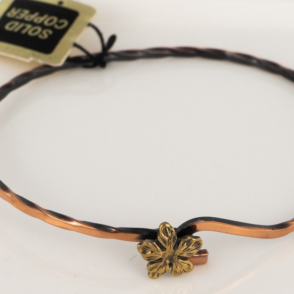 Vintage Solid Copper Hibiscus Flower Bangle Bracelet Hook Clasp Twisted 7 inch